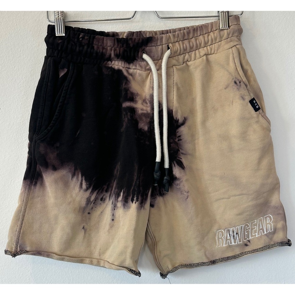 RawGear Mens Tie Dye Sweat Shorts Black Tan Embroidered Logo Size Large